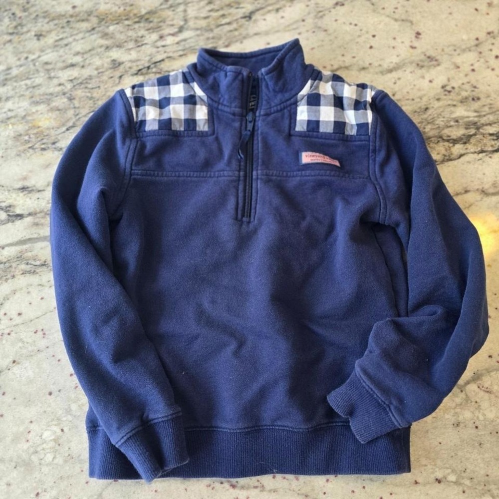 Vineyard Vines 1/4 Zip Long Sleeve Pullover Boys Youth Sz s (7/8) Blue Checker